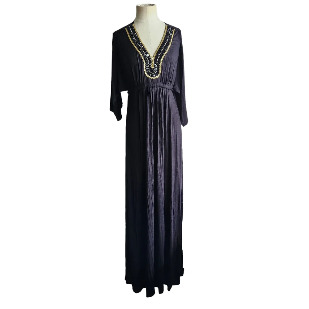 IMAN Beaded Neckline Maxi Dress Black Open Sleeve Size Med Tall NEW